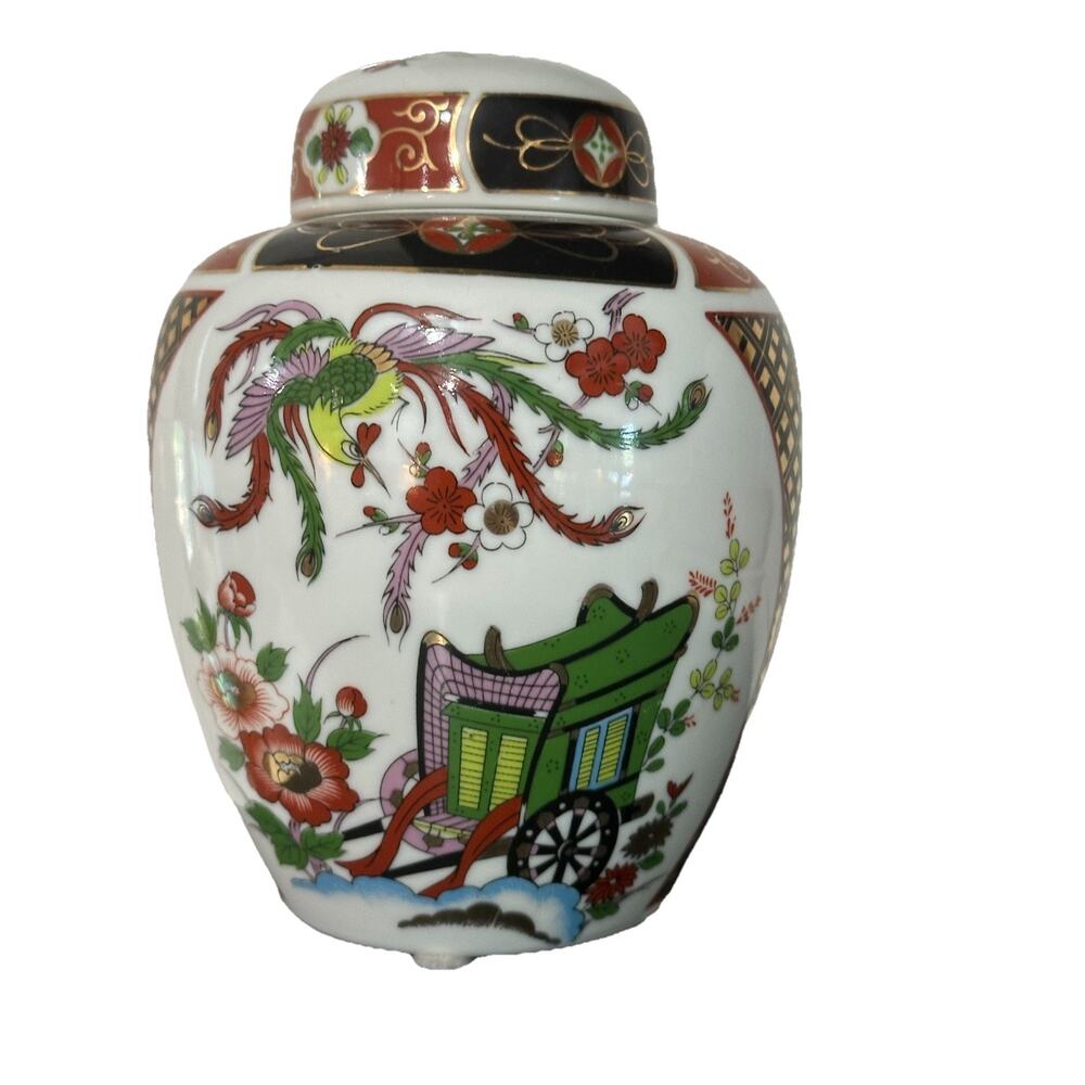 Vintage Handpainted Japanese Ginger Jar with Rickshaw and Floral